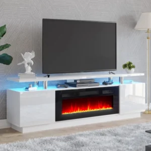 TV Stand with 36" Fireplace, 70" Modern High Gloss Fireplace Entertainment Center LED Lights, 2 Tier TV Console Cabinet