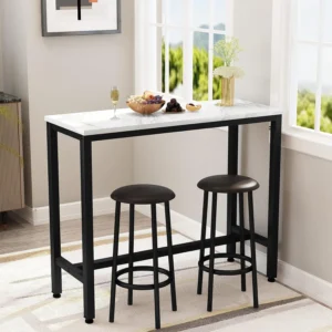 Bar Table Set of 2, 47.2" Faux Marble Top,PU Leather Stools,3 Piece Pub Height Table Set,Breakfast Nook Dining Table Set