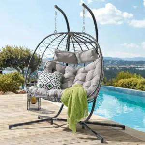 Double Rattan Swing Egg Chair with Side Pockets, Foldable Hanging Egg Chair, Outdoor and Indoor