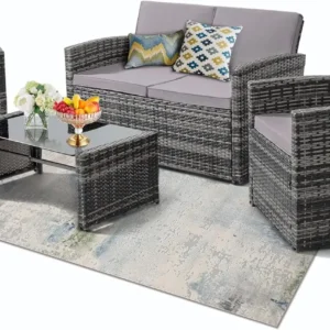 Outside Rattan Sectional Sofa Cushioned Furniture Set Wicker Sofa Ideal for Garden Porch Backyard Grey Color Rattan