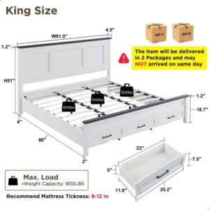 Farmhouse King Size Bed Frame with 52" Tall Full-Panel Headboard, Wood Platform Bedframe with Footboard and Storage Drawers