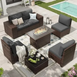 Outdoor Sectional Furniture Set with Fire Pit Table, 7-Piece Brown Rattan Wicker Conversation Sofa Set