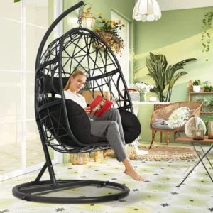 Hanging Swing Chair with Stand Outdoor Egg Chair Patio Wicker, with UV Proof Tufted