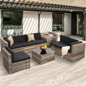 8 Piece Outdoor Wicker Wicker Patio Furniture Set, Glass Top Dining Table with Hidden Storage, 7 Sofa Dividers