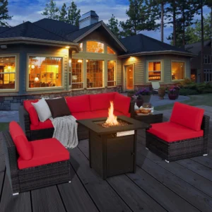 7 PCS Patio Furniture Set with 28" 50000 BTU Propane Gas Fire Pit Cushions Red